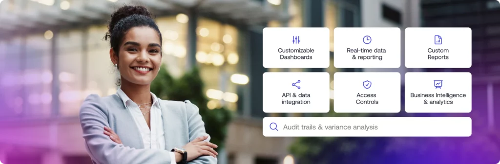 Key features of financial reporting software: customizable dashboards, real-time data and reporting, custom reports, API and data integration, access controls, business intelligence and analytics, and audit trails and variance analysis